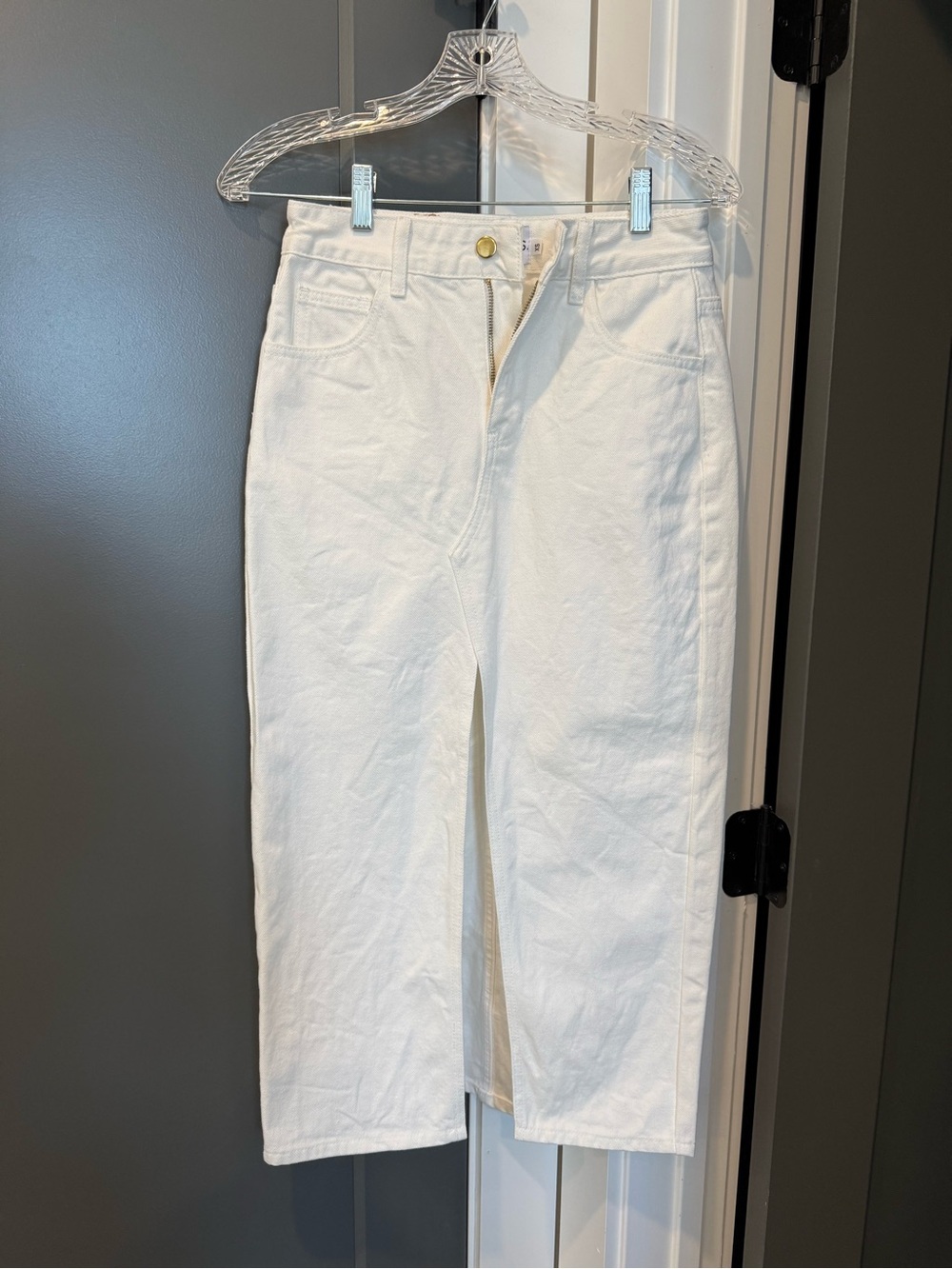 SNDYS White Denim maxi skirt - hemmed to hit above the ankle bone on 5’2” frame